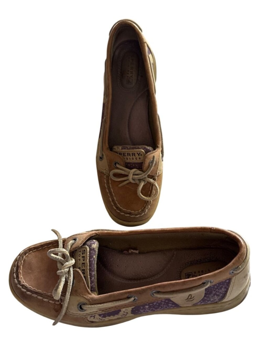 Sperry Womens 7M Boat Shoes Brown Leather With Purple Pattern Panels